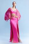 Buy_Dolly J_Pink Satin Embellished Bead Cape Open Olga Honeycomb Cutwork Slit Skirt Set _at_Aza_Fashions