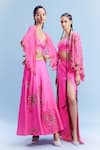 Buy_Dolly J_Pink Satin Embellished Bead Cape Open Olga Honeycomb Cutwork Slit Skirt Set _Online_at_Aza_Fashions