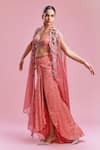 Buy_Dolly J_Pink Chiffon Embellished Bead Cape Open Clara Cutwork Asymmetric Skirt Set _at_Aza_Fashions