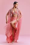 Buy_Dolly J_Pink Chiffon Embellished Bead Cape Open Clara Cutwork Asymmetric Skirt Set _Online_at_Aza_Fashions