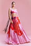 Buy_Dolly J_Pink Satin Embellished Beads Scoop Sahana Watercolour Floral Print Lehenga Set 