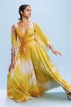 Buy_Dolly J_Yellow Chiffon Embellished Pearl Jumpsuit Ruya Watercolour Print With Cape _at_Aza_Fashions