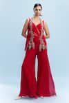 Buy_Dolly J_Red Chiffon Embellished Pearl Jumpsuit Harini Sheer Panel With Bead Shrug _at_Aza_Fashions