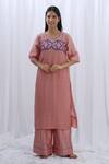 Khat_Pink Chanderi Silk Embroidery Round Neck Kurta With Pant _Online_at_Aza_Fashions