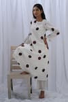 KHAT_White Handloom Cotton Print Polka Dot Round Neck Pattern Kurta With Pant _at_Aza_Fashions