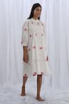 KHAT_White Handloom Cotton Woven Polka Dot Stand Gathered Yoke Pattern Tunic _at_Aza_Fashions