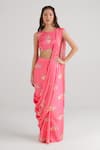 Pasha India_Pink Swiss Satin Floral Round Pattern Pre-draped Saree With Blouse _Online_at_Aza_Fashions