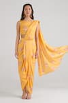 Buy_Pasha India_Yellow Swiss Satin Floral Round Pattern Pre-draped Lungi Saree With Blouse _at_Aza_Fashions