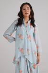 Pasha India_Blue Swiss Satin Floral Band Collar Pattern Kurta Dress _Online_at_Aza_Fashions