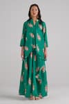 Buy_Pasha India_Green Swiss Satin Floral Band Collar Pattern Draped Kurta Dress _at_Aza_Fashions