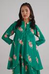 Pasha India_Green Swiss Satin Floral Band Collar Pattern Draped Kurta Dress _Online_at_Aza_Fashions