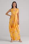 Buy_Pasha India_Yellow Rayon Floral Round Amber Pattern Draped Jumpsuit _at_Aza_Fashions