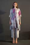 Buy_Clos_Grey Dupion Silk Print Abstract Band Collar Asymmetric Kurta With Pant _at_Aza_Fashions