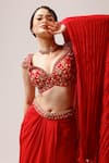 Shop_Anshika Tak Label_Red Blouse Tussar Silk Embroidered Floral Leaf Enchanting Draped Skirt Set _Online_at_Aza_Fashions