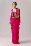 Anshika Tak Label_Fuchsia Skirt And Blouse Crepe Embroidered Bead Dream Floral Jacket Draped Set _Online_at_Aza_Fashions