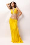 Buy_Anshika Tak Label_Yellow Skirt Crepe Embroidered Bead V Neck Sunshine Chic Blouse Draped Set _at_Aza_Fashions