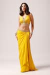 Anshika Tak Label_Yellow Skirt Crepe Embroidered Bead V Neck Sunshine Chic Blouse Draped Set _Online_at_Aza_Fashions