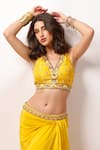 Anshika Tak Label_Yellow Skirt Crepe Embroidered Bead V Neck Sunshine Chic Blouse Draped Set _at_Aza_Fashions