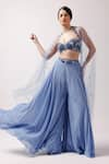 Buy_Anshika Tak Label_Blue Pant Georgette Embroidered Sequin Ocean Breeze Embellished Cape Set _at_Aza_Fashions