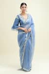 Devnaagri_Blue Embroidered Floral Plunged V Scalloped Border Saree With Blouse _Online_at_Aza_Fashions