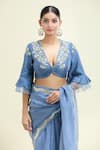 Devnaagri_Blue Embroidered Floral Plunged V Scalloped Border Saree With Blouse _at_Aza_Fashions