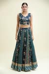 Paulmi And Harsh_Blue Organza Embroidery V-neck Floral Print Multi Kali Lehenga Set _Online_at_Aza_Fashions