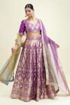 Studio Iris India_Purple Lehenga And Blouse Banarasi Silk Woven Floral V Neck Shehnaaz Set _Online_at_Aza_Fashions