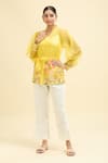 Shop_MIDORI BY SGV_Yellow Organza Embroidered Floral Lapel V Neck Rosy Wrap Top With Belt _at_Aza_Fashions