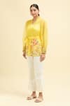 MIDORI BY SGV_Yellow Organza Embroidered Floral Lapel V Neck Rosy Wrap Top With Belt _Online_at_Aza_Fashions