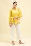 Buy_MIDORI BY SGV_Yellow Organza Embroidered Floral Lapel V Neck Rosy Wrap Top With Belt _Online_at_Aza_Fashions