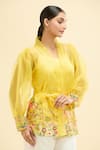 Shop_MIDORI BY SGV_Yellow Organza Embroidered Floral Lapel V Neck Rosy Wrap Top With Belt _Online_at_Aza_Fashions