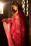 Buy_Paulmi and Harsh_Pink Anarkali Chiniya Silk Printed Blooming Floral V Neck With Dupatta _Online