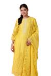 Buy_Nidhi Kejriwal_Yellow Chanderi, Denim Embroidery, Cut Work Round Neck Floral Kurta Pant Set _Online_at_Aza_Fashions