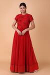 Buy_Nidhi Kejriwal_Red Dupion Silk Embroidery Floral Round Neck Tonal Sequin Bodice Anarkali _at_Aza_Fashions