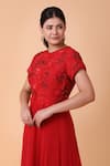 Shop_Nidhi Kejriwal_Red Dupion Silk Embroidery Floral Round Neck Tonal Sequin Bodice Anarkali _Online_at_Aza_Fashions