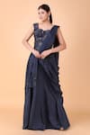 Buy_Nidhi Kejriwal_Blue Zari Net Embroidery Floral Sweetheart Pre-draped Saree With Corset Blouse _at_Aza_Fashions