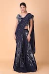 Buy_Nidhi Kejriwal_Blue Crepe Embroidery Floral Cutwork Tonal Sequin Pre-draped Saree With Blouse _at_Aza_Fashions