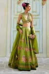 Buy_Basil Leaf_Green Tussar Printed Floral Bouquet V-neck Panelled Lehenga Set _at_Aza_Fashions