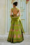 Shop_Basil Leaf_Green Tussar Printed Floral Bouquet V-neck Panelled Lehenga Set _at_Aza_Fashions