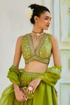 Basil Leaf_Green Tussar Printed Floral Bouquet V-neck Panelled Lehenga Set _Online_at_Aza_Fashions