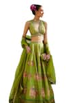 Shop_Basil Leaf_Green Tussar Printed Floral Bouquet V-neck Panelled Lehenga Set _Online_at_Aza_Fashions