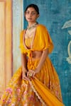 Basil Leaf_Yellow Viscose Tussar Printed Floral Round Embellished Lehenga Set _Online_at_Aza_Fashions