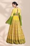 Shop_Basil Leaf_Yellow Viscose Tussar Printed Geometric Paisley V-neck Gathered Lehenga Set _at_Aza_Fashions