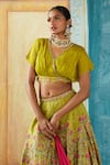 Shop_Basil Leaf_Yellow Viscose Tussar Printed Geometric Paisley V-neck Gathered Lehenga Set _Online_at_Aza_Fashions