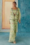 Buy_Basil Leaf_Green Chinon Chiffon Hand Embroidery Sequin Bird Print Peplum Jacket And Pant Set _at_Aza_Fashions