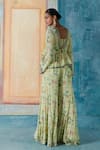 Shop_Basil Leaf_Green Chinon Chiffon Hand Embroidery Sequin Bird Print Peplum Jacket And Pant Set _at_Aza_Fashions