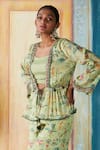 Basil Leaf_Green Chinon Chiffon Hand Embroidery Sequin Bird Print Peplum Jacket And Pant Set _Online_at_Aza_Fashions