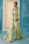 Buy_Basil Leaf_Green Chinon Chiffon Hand Embroidery Sequin Bird Print Peplum Jacket And Pant Set _Online_at_Aza_Fashions