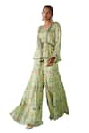 Shop_Basil Leaf_Green Chinon Chiffon Hand Embroidery Sequin Bird Print Peplum Jacket And Pant Set _Online_at_Aza_Fashions