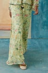 Basil Leaf_Green Chinon Chiffon Hand Embroidery Sequin Bird Print Peplum Jacket And Pant Set _at_Aza_Fashions